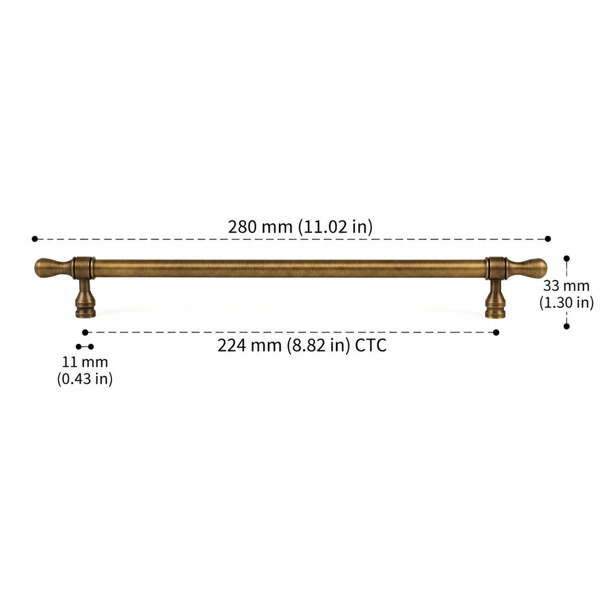 Turned-Tip Pull — 8.82″ (224 mm) CTC — inch and mm dimension chart