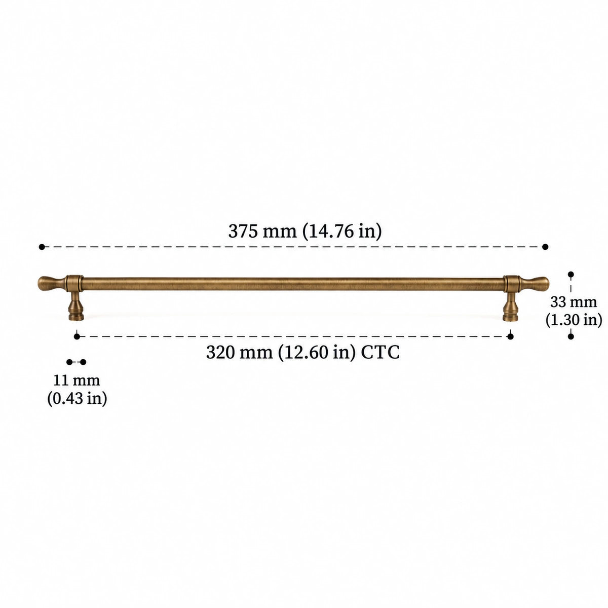 Turned-Tip Pull — 12.60″ (320 mm) CTC — inch and mm dimension chart