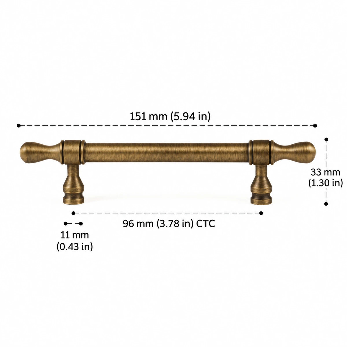 Turned-Tip Pull — 3.78″ (96 mm) CTC — inch and mm dimension chart