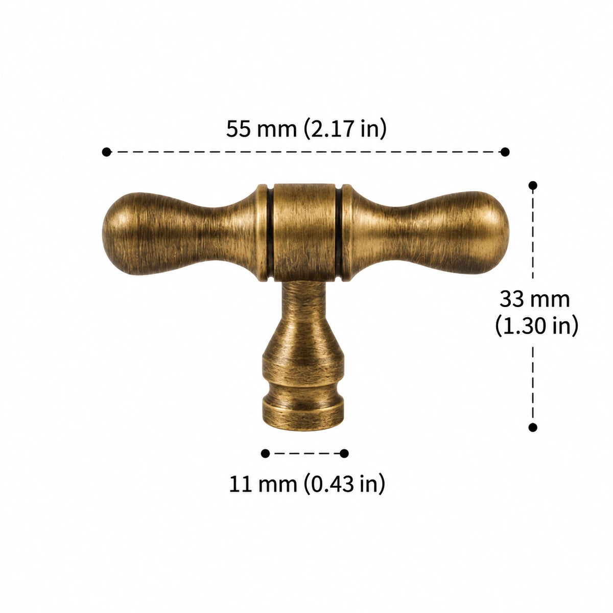 Turned T-Knob — 2.17″ (55 mm) Length — inch and mm dimension chart