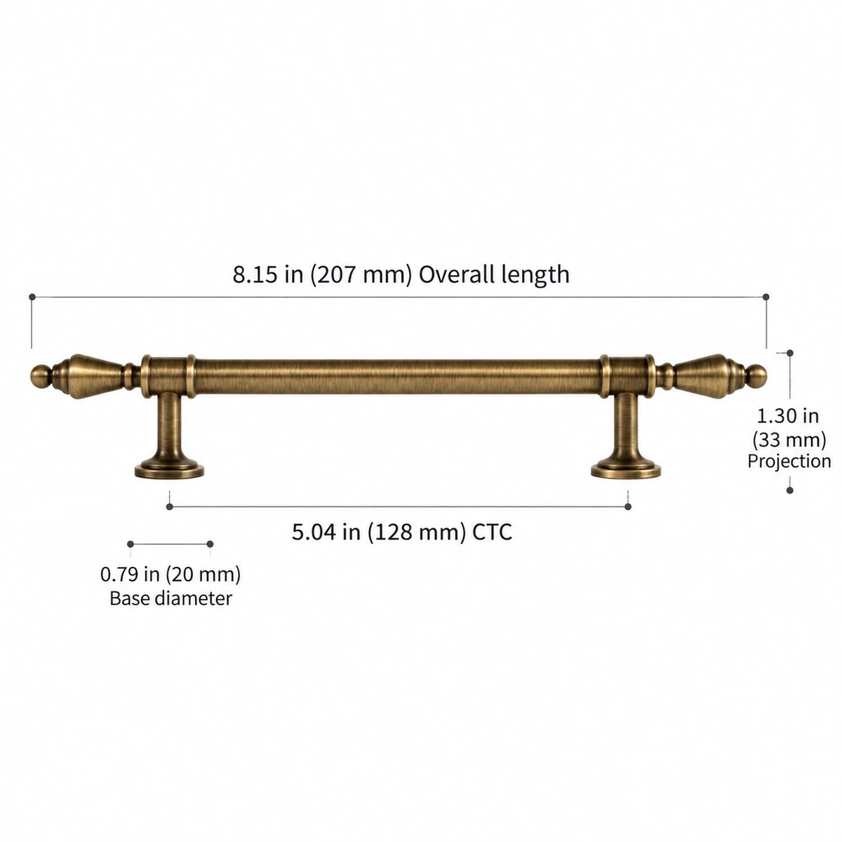 Antique brass urn-finial pull, 5.04 inch (128 mm) CTC, with dimensions