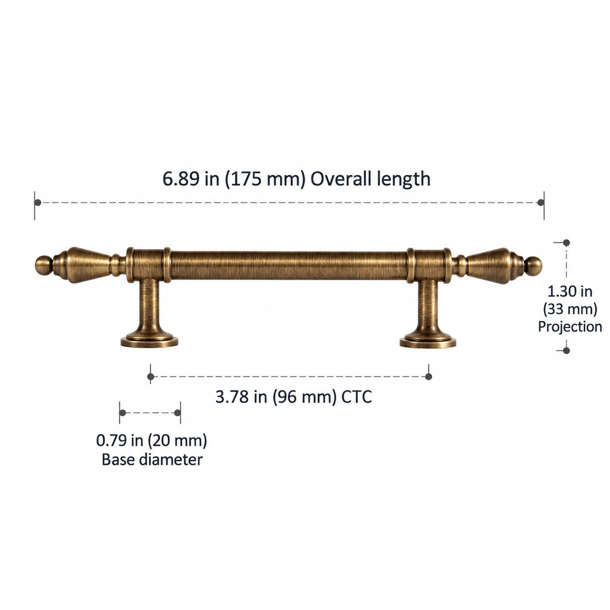 Antique brass urn-finial pull, 3.78 inch (96 mm) CTC, with dimensions
