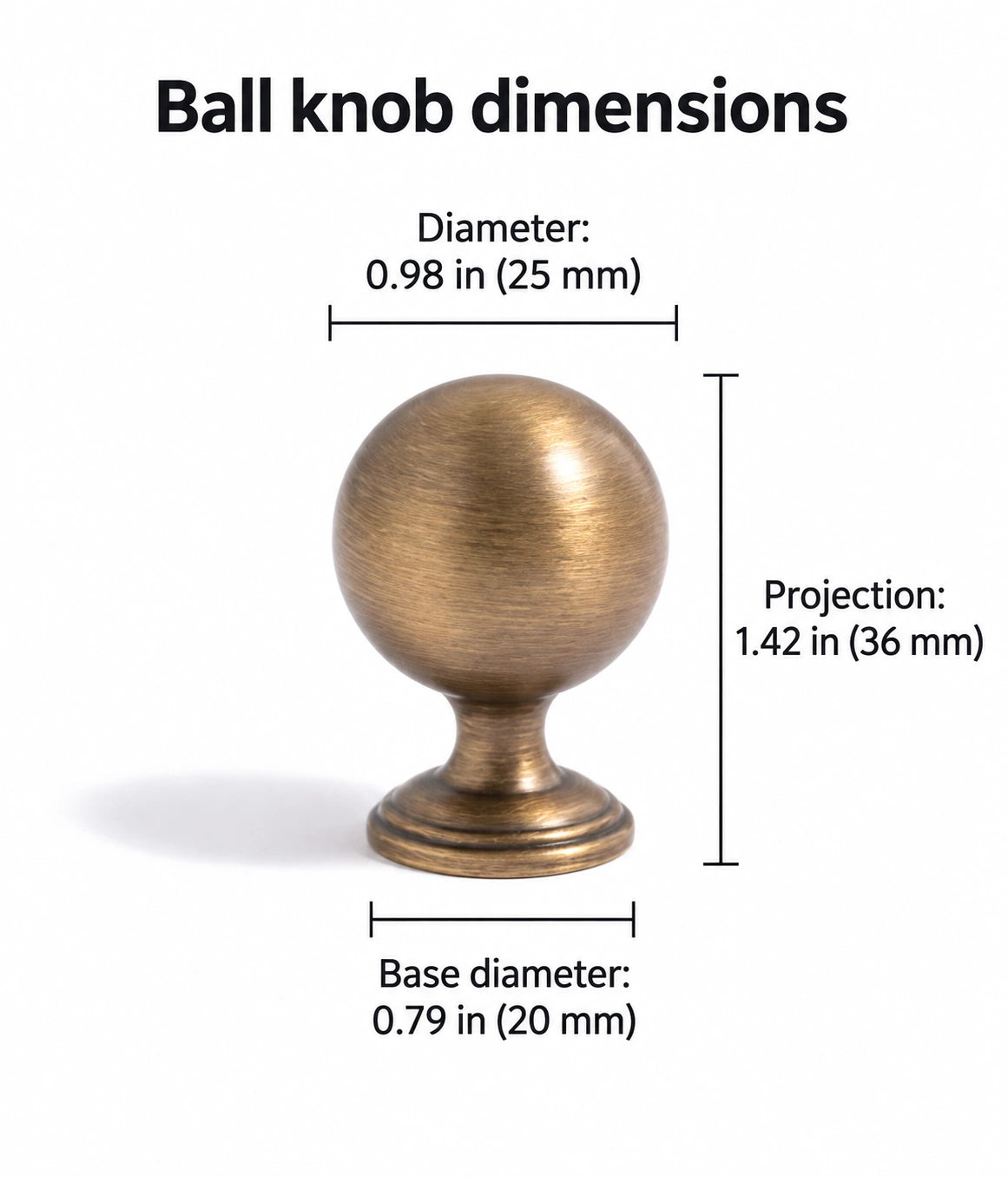 Antique brass ball knob dimensions, 0.98 in (25 mm) diameter