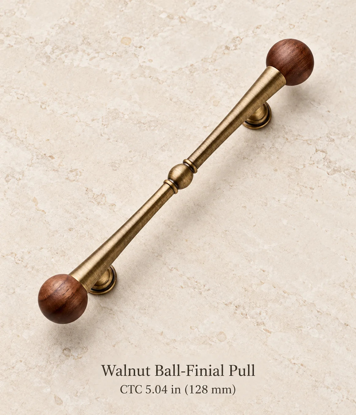 Walnut Ball-Finial Pull in antique brass, ctc 5.04 in (128 mm)