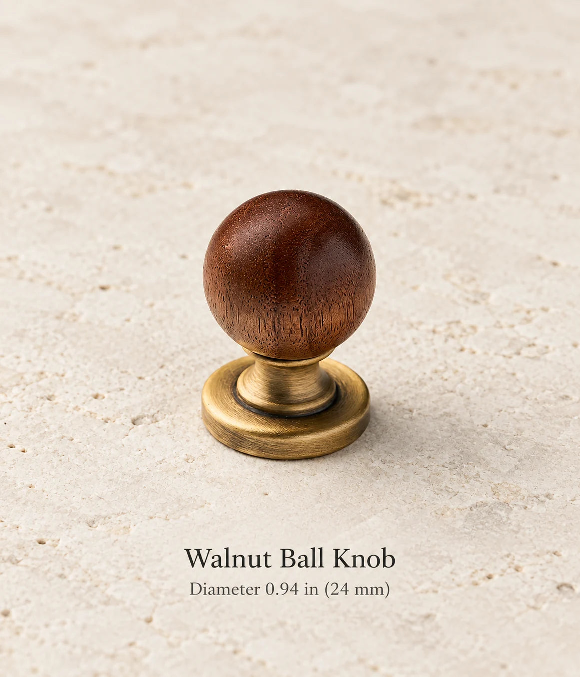 Walnut Ball Knob in antique brass, diameter 0.94 in (24 mm)