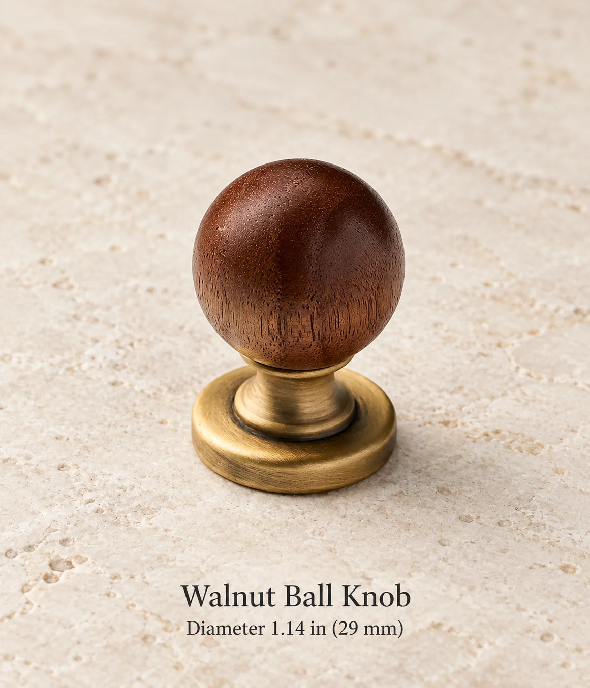 Walnut Ball Knob in antique brass, diameter 1.14 in (29 mm)