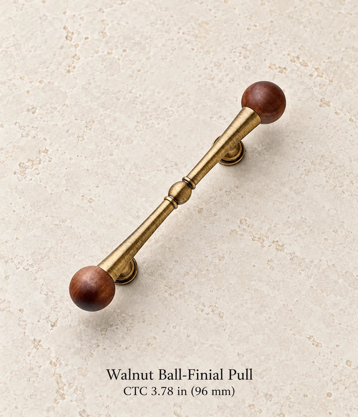 Walnut Ball-Finial Pull in antique brass, ctc 3.78 in (96 mm)