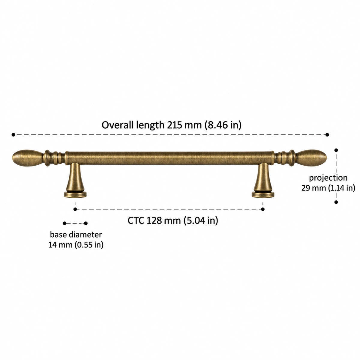 Antique brass water-drop cabinet pull dimensions — 5.04 in (128 mm) center-to-center mounting