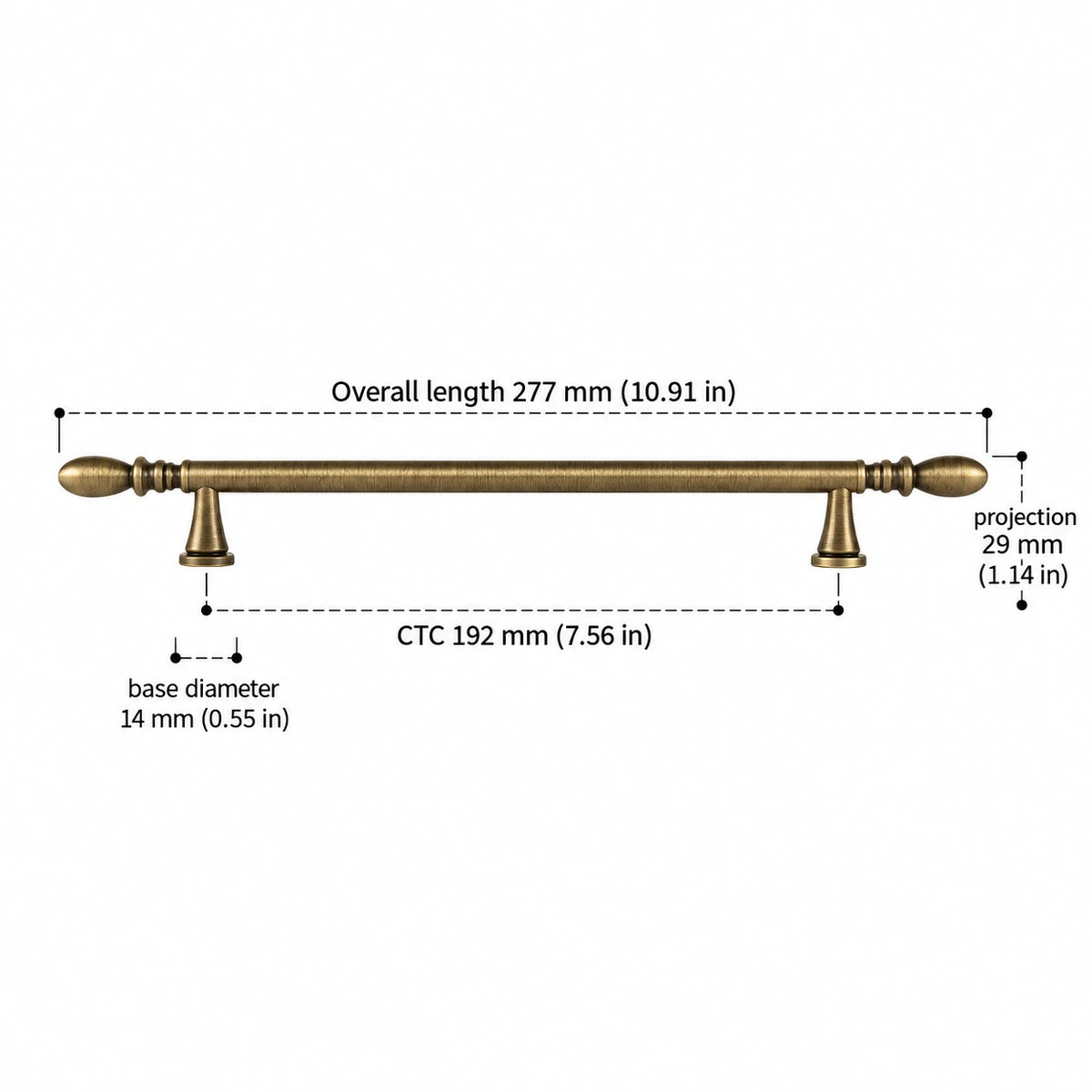 Antique brass water-drop cabinet pull dimensions — 7.56 in (192 mm) center-to-center mounting