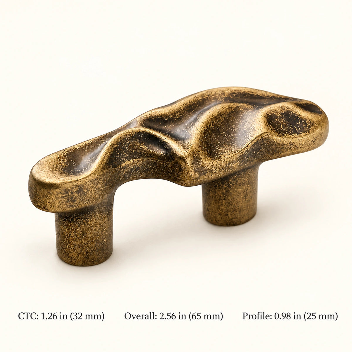 Aged wave cabinet pull with 1.26 in (32 mm) CTC and 2.56 in (65 mm) overall length