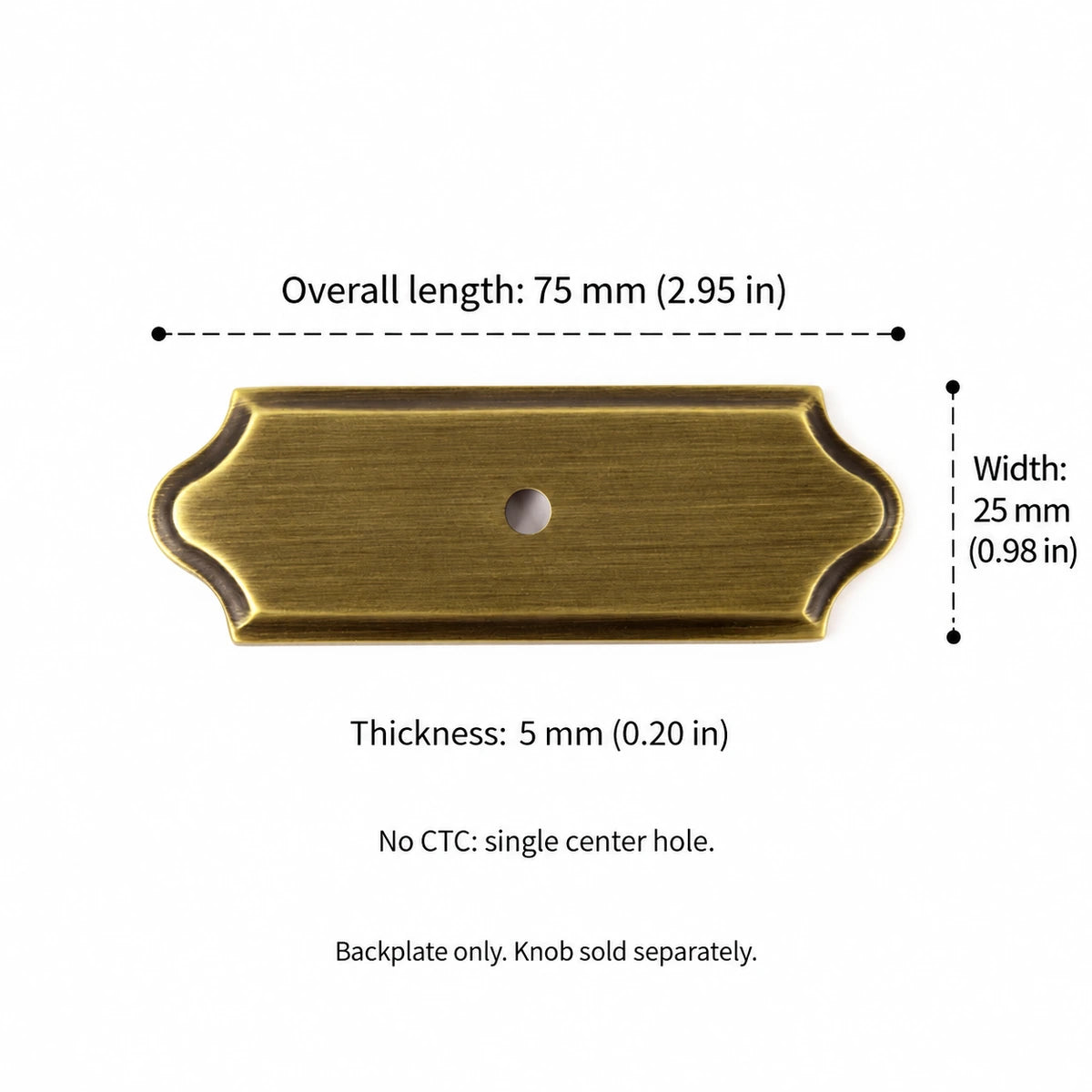 Rectangular knob backplate dimensions: 2.95 by 0.98 inches (75 by 25 mm), 0.20 inch (5 mm) thick