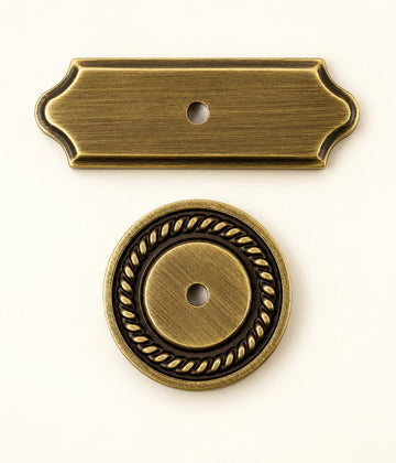 Antique brass scalloped rectangular and rope-edge round cabinet knob backplates