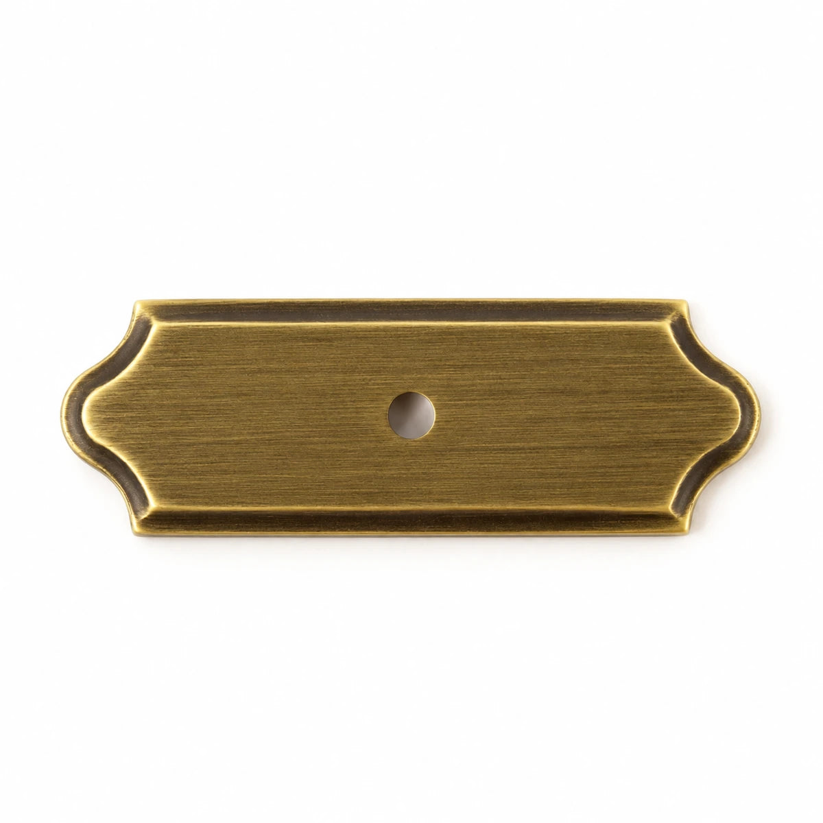 Scalloped rectangular antique brass backplate with a single center hole