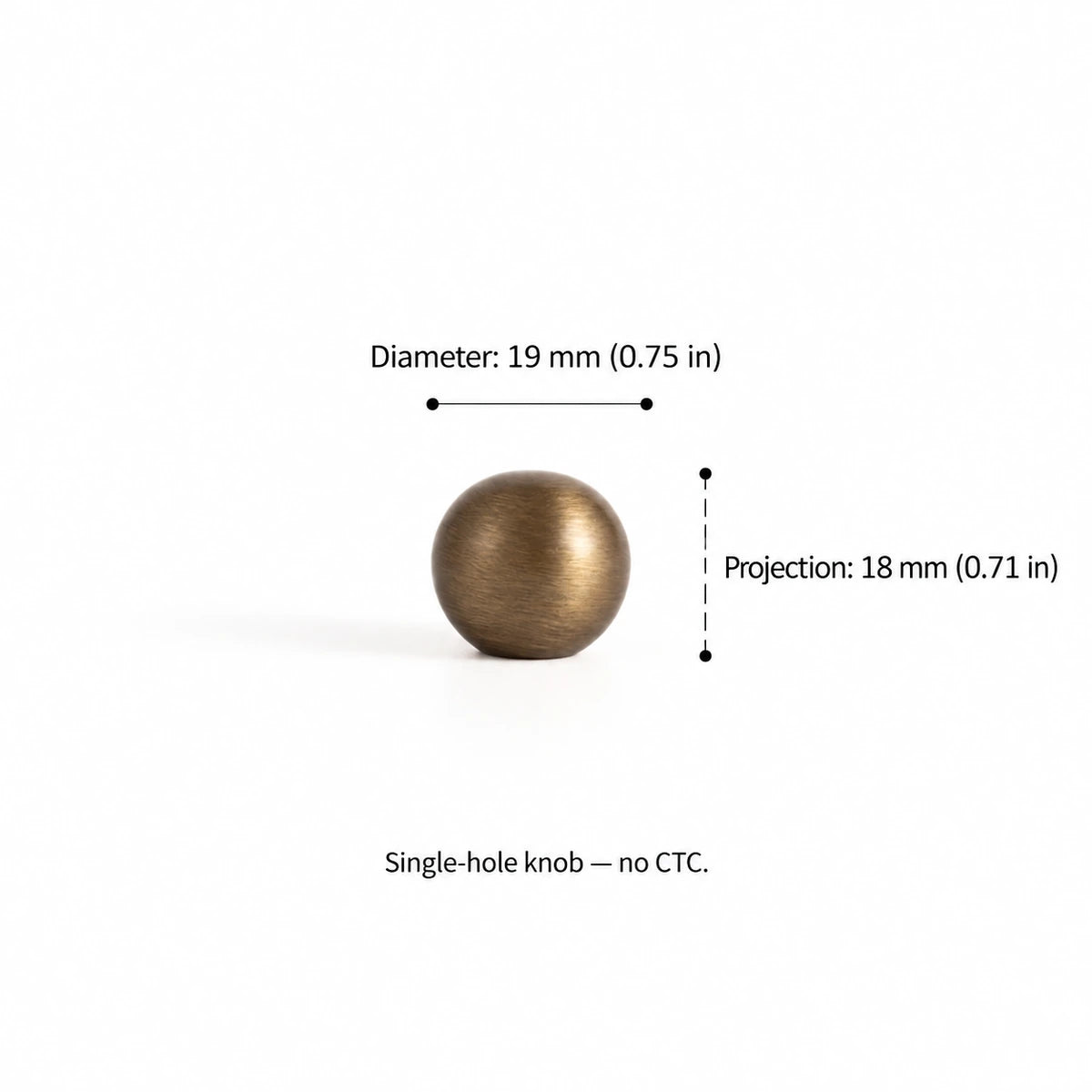Stemless ball knob dimensions: 0.75 inch (19 mm) diameter and 0.71 inch (18 mm) projection