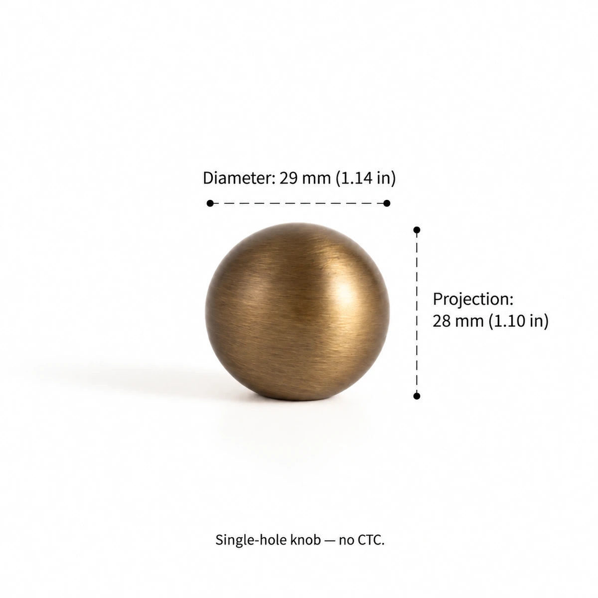 Stemless ball knob dimensions: 1.14 inch (29 mm) diameter and 1.10 inch (28 mm) projection
