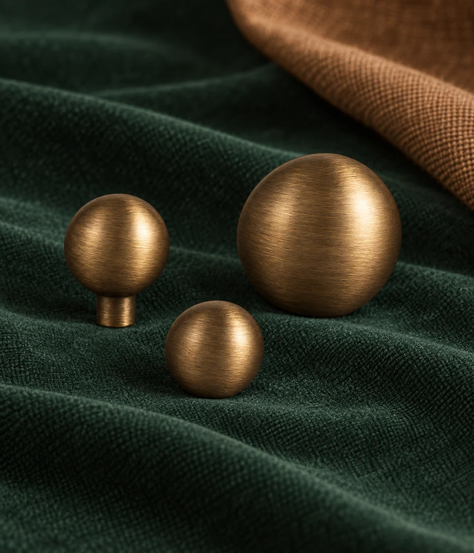Antique brass stemless and slim-stem ball cabinet knobs in three sizes and profiles