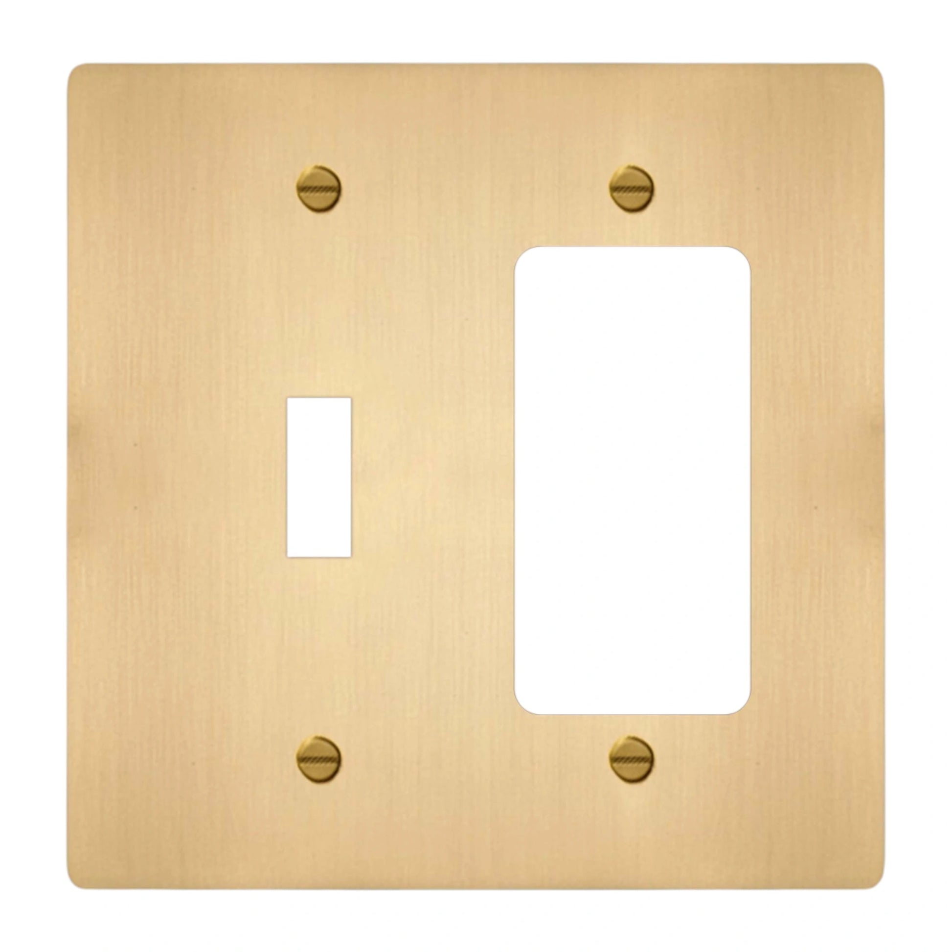 2-gang solid brass toggle and outlet wall plate in satin brass finish, toggle plus decora opening
