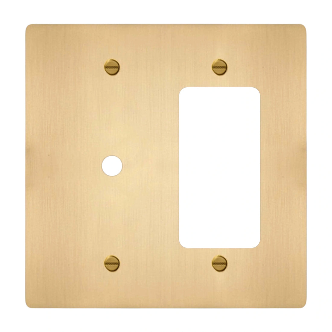 2-gang solid brass dimmer and outlet wall plate in satin brass finish, rotary plus decorator opening