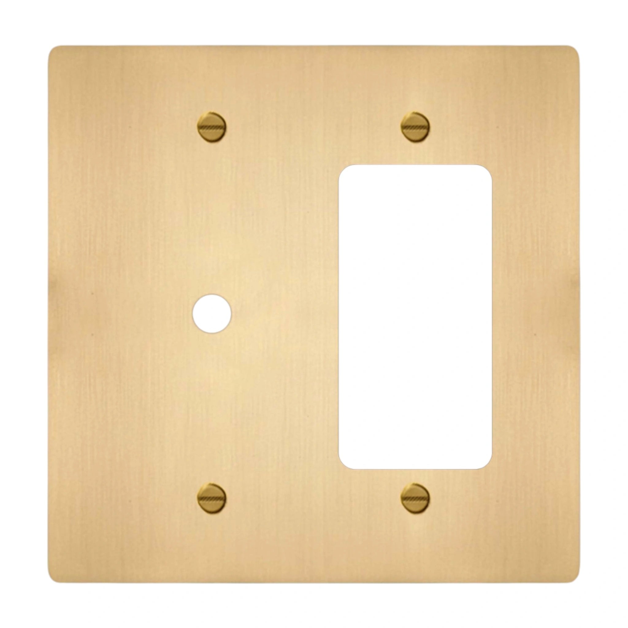 2-gang solid brass dimmer and outlet wall plate in satin brass finish, rotary plus decorator opening