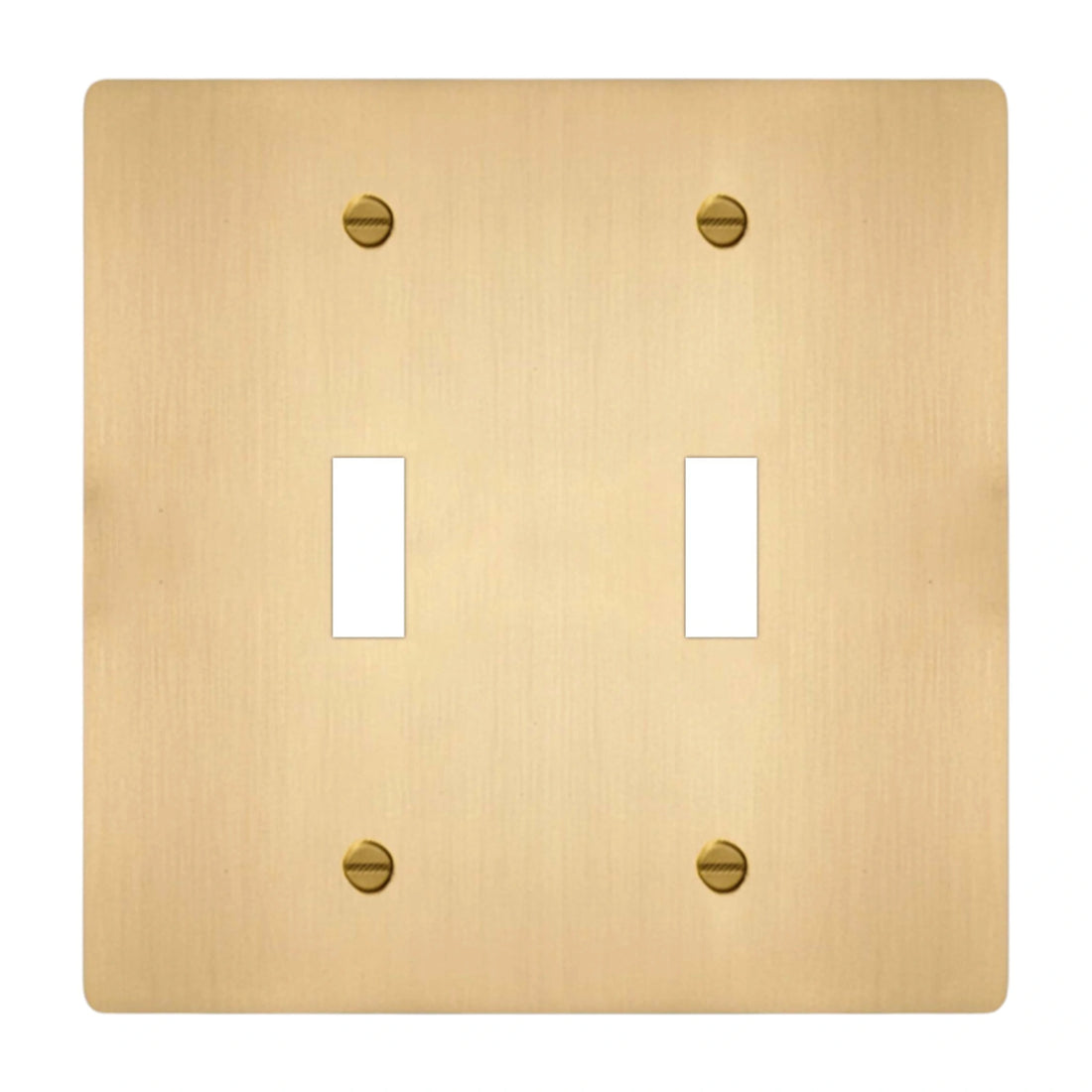 2-gang solid brass toggle wall plate in satin brass finish, double toggle opening