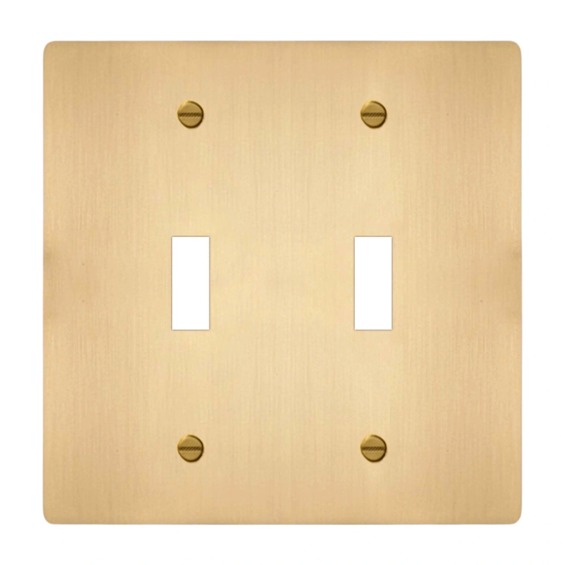 2-gang solid brass toggle wall plate in satin brass finish, double toggle opening