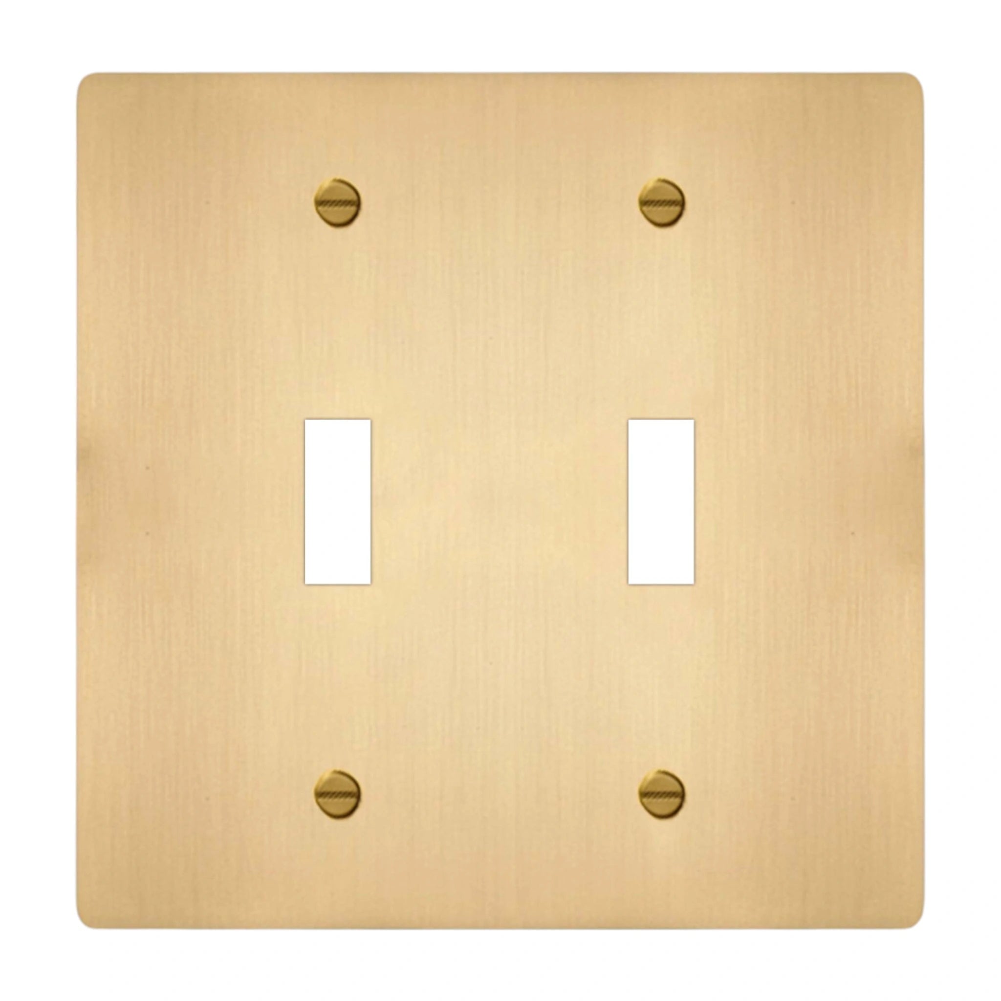 2-gang solid brass toggle wall plate in satin brass finish, double toggle opening
