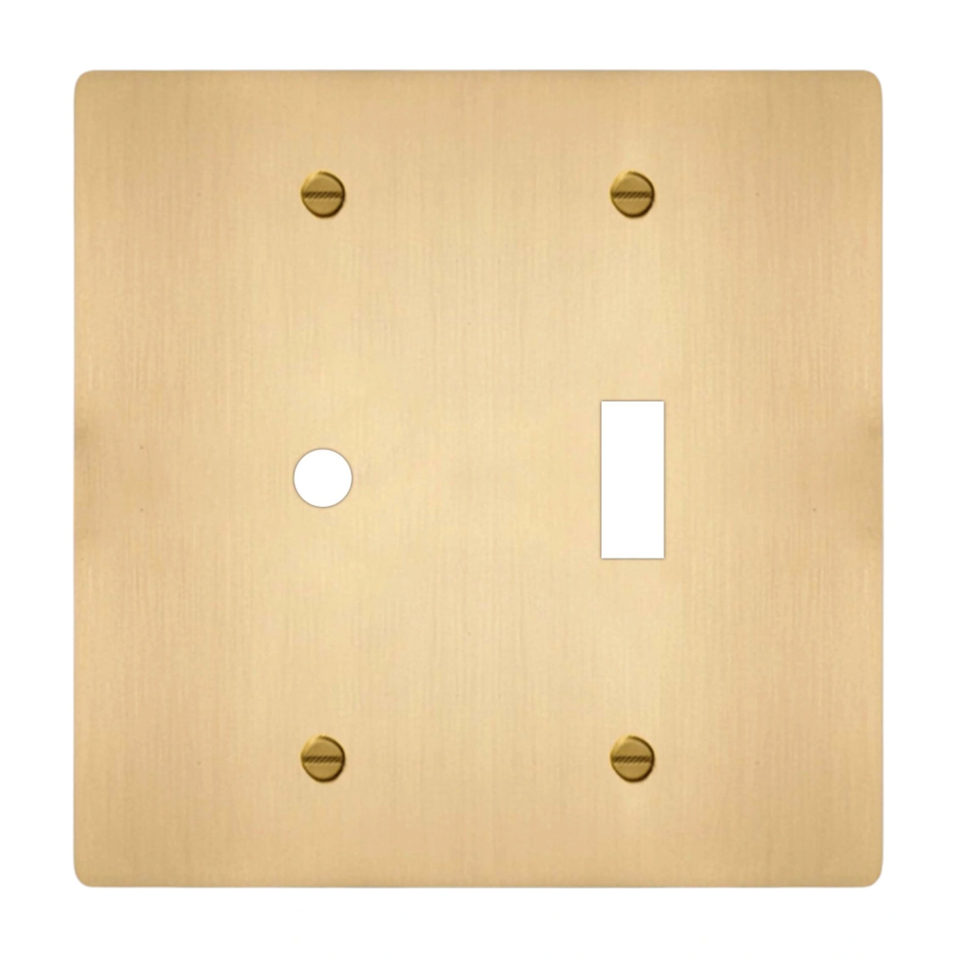 2-gang solid brass dimmer and toggle wall plate in satin brass finish, rotary plus toggle opening