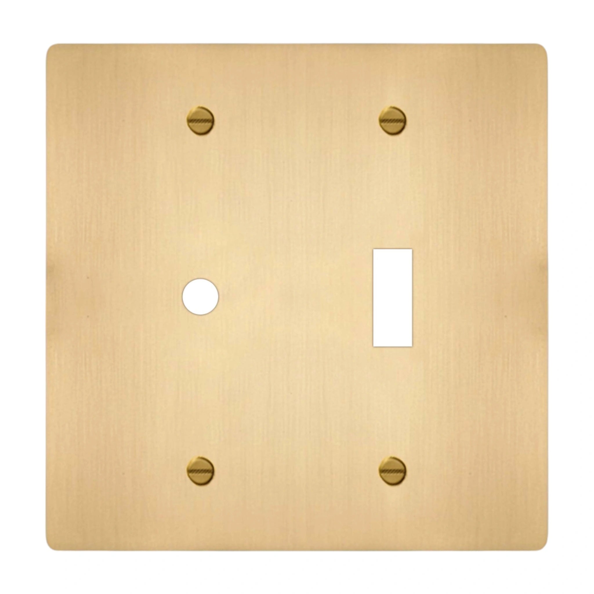 2-gang solid brass dimmer and toggle wall plate in satin brass finish, rotary plus toggle opening