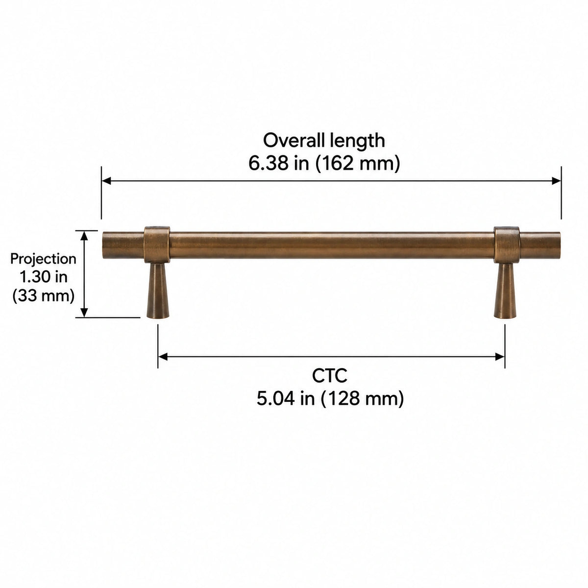 Stepped-Ring Brass Cabinet Pulls & T-Knobs — AB finish; Overall length 6.38 in (162 mm); CTC 5.04 in (128 mm); Projection 1.30 in (33 mm)