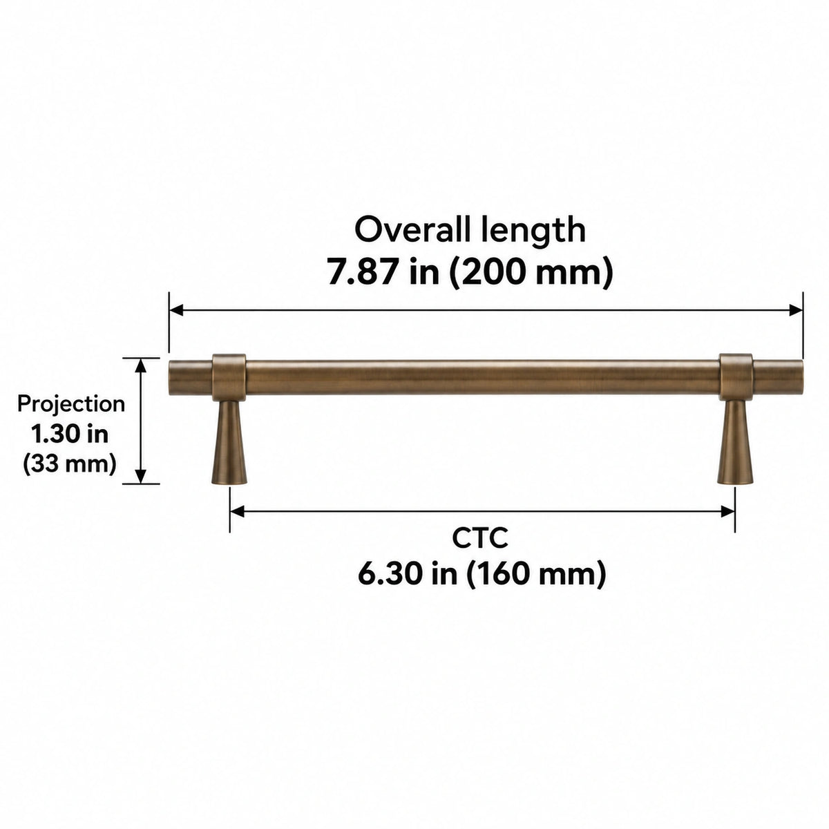 Stepped-Ring Brass Cabinet Pulls & T-Knobs — AB finish; Overall length 7.87 in (200 mm); CTC 6.30 in (160 mm); Projection 1.30 in (33 mm)