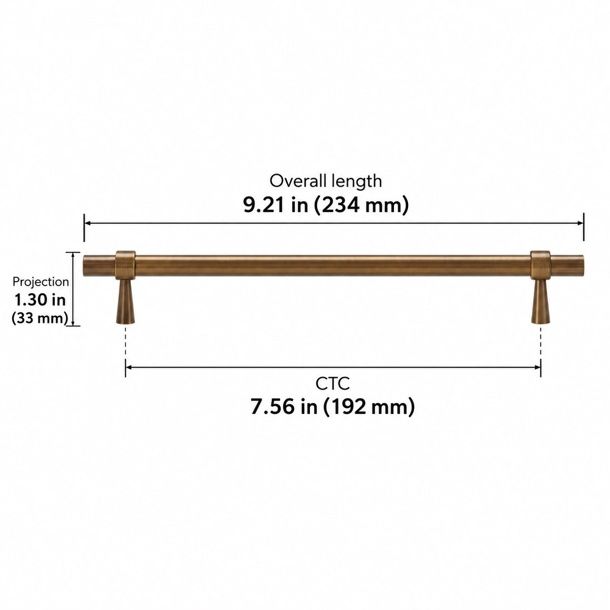 Stepped-Ring Brass Cabinet Pulls & T-Knobs — AB finish; Overall length 9.21 in (234 mm); CTC 7.56 in (192 mm); Projection 1.30 in (33 mm)