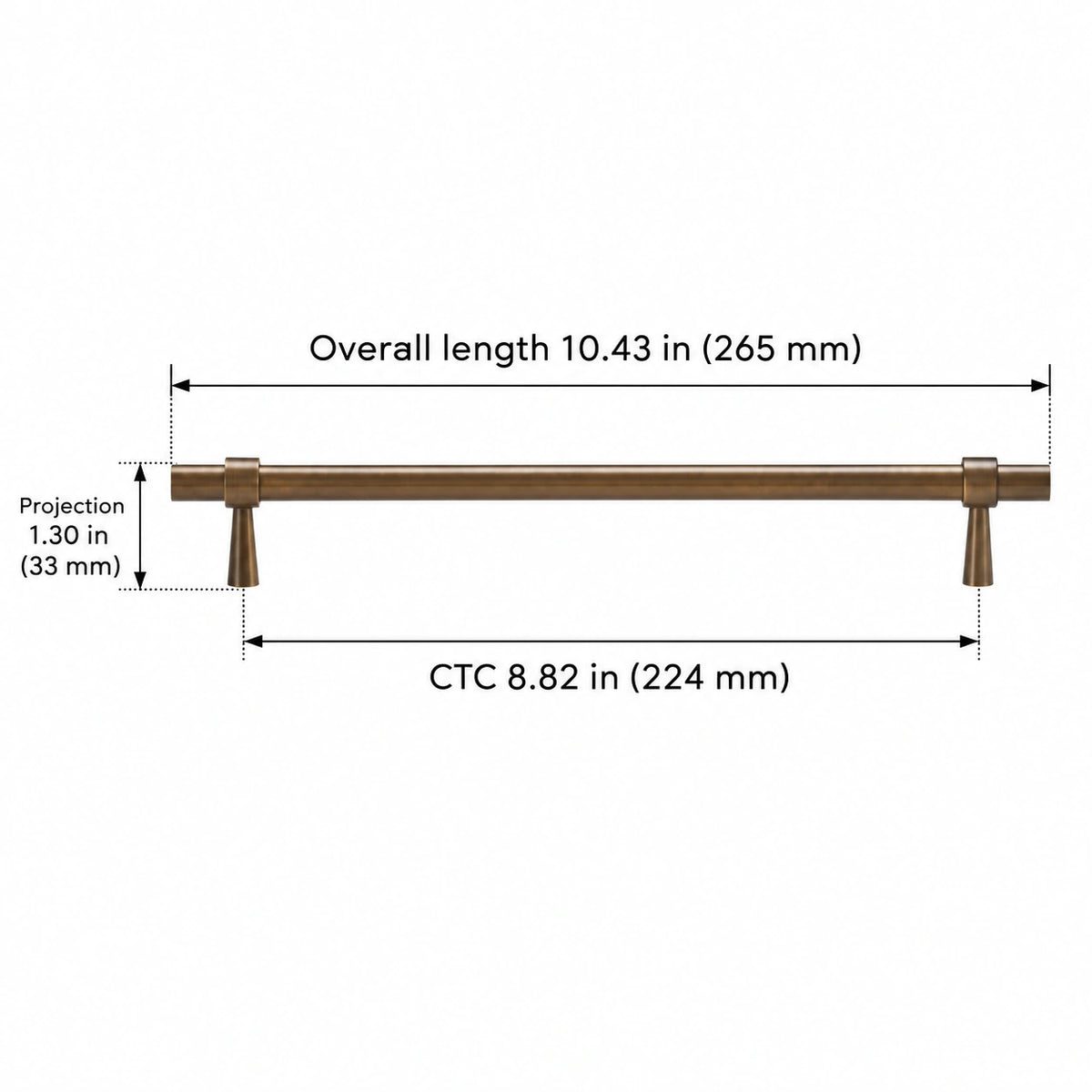 Stepped-Ring Brass Cabinet Pulls & T-Knobs — AB finish; Overall length 10.43 in (265 mm); CTC 8.82 in (224 mm); Projection 1.30 in (33 mm)
