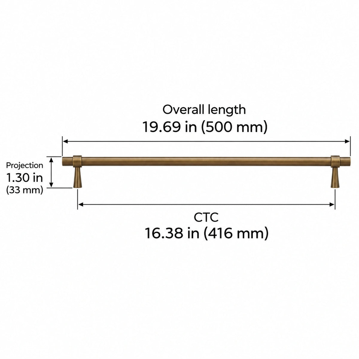 Stepped-Ring Brass Cabinet Pulls & T-Knobs — AB finish; Overall length 19.69 in (500 mm); CTC 16.38 in (416 mm); Projection 1.30 in (33 mm)