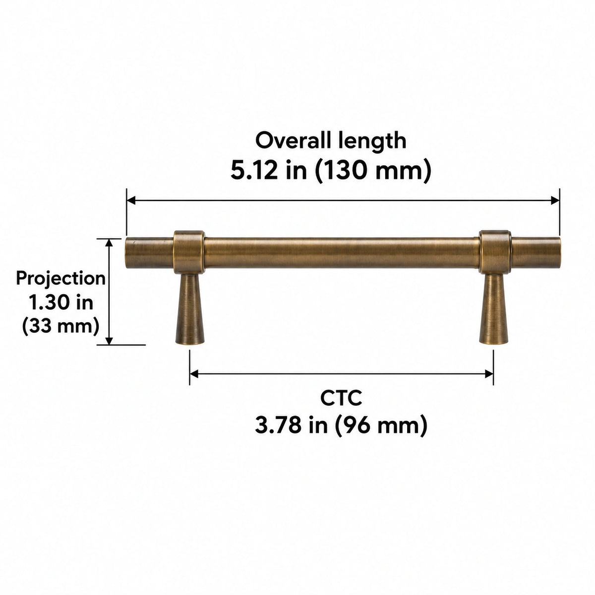 Stepped-Ring Brass Cabinet Pulls & T-Knobs — AB finish; Overall length 5.12 in (130 mm); CTC 3.78 in (96 mm); Projection 1.30 in (33 mm)