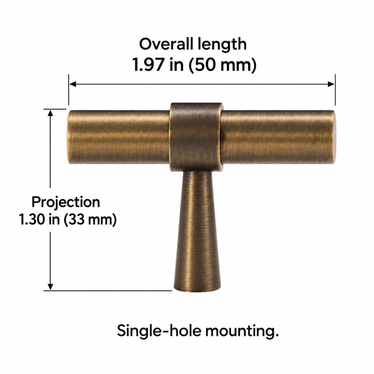 Stepped-Ring Brass Cabinet Pulls & T-Knobs — AB finish; Overall length 1.97 in (50 mm); Projection 1.30 in (33 mm); Single-hole mounting