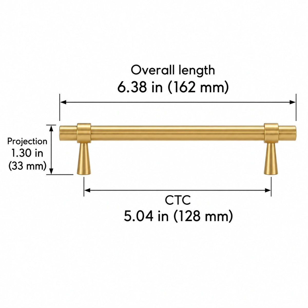 Stepped-Ring Brass Cabinet Pulls & T-Knobs — BB finish; Overall length 6.38 in (162 mm); CTC 5.04 in (128 mm); Projection 1.30 in (33 mm)
