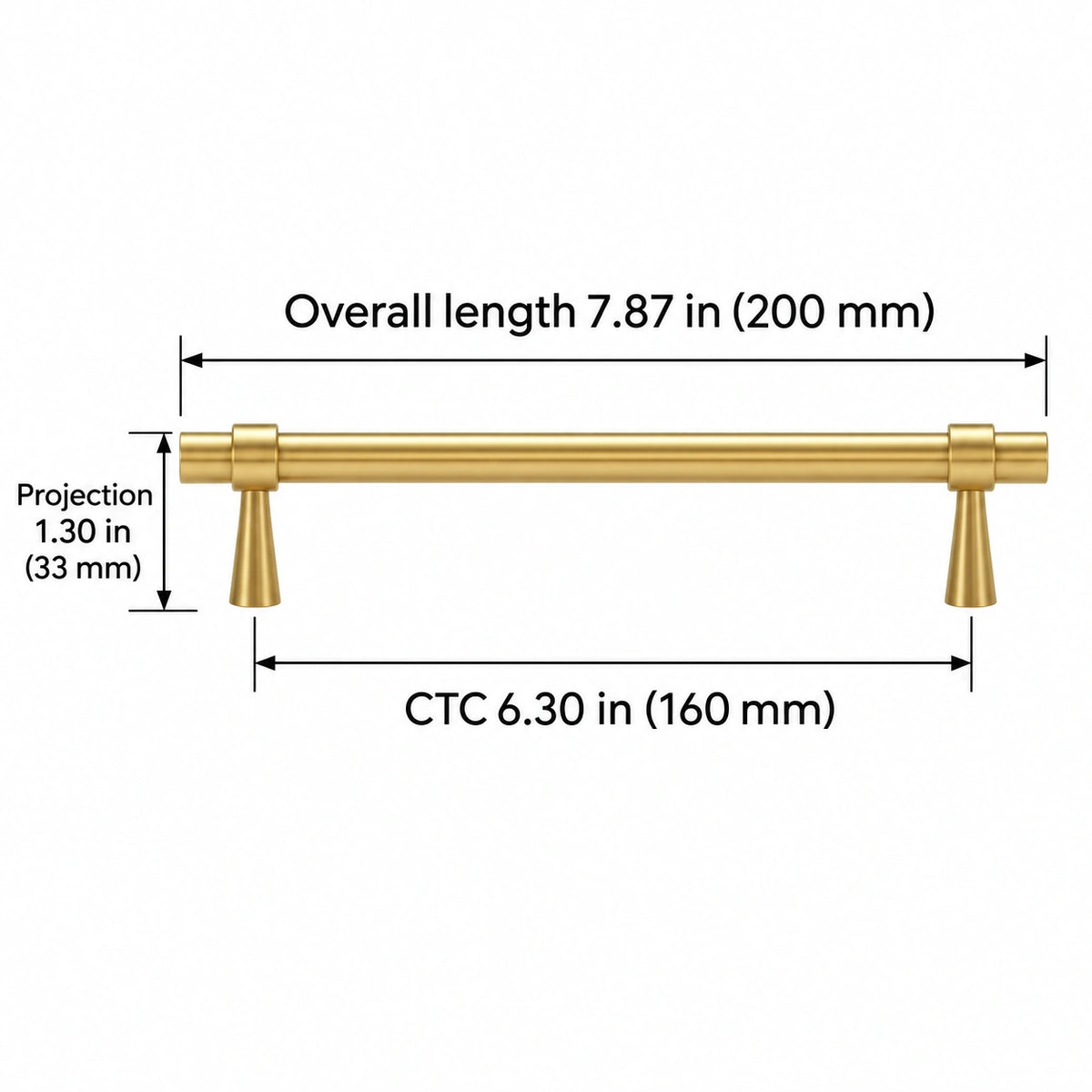 Stepped-Ring Brass Cabinet Pulls & T-Knobs — BB finish; Overall length 7.87 in (200 mm); CTC 6.30 in (160 mm); Projection 1.30 in (33 mm)