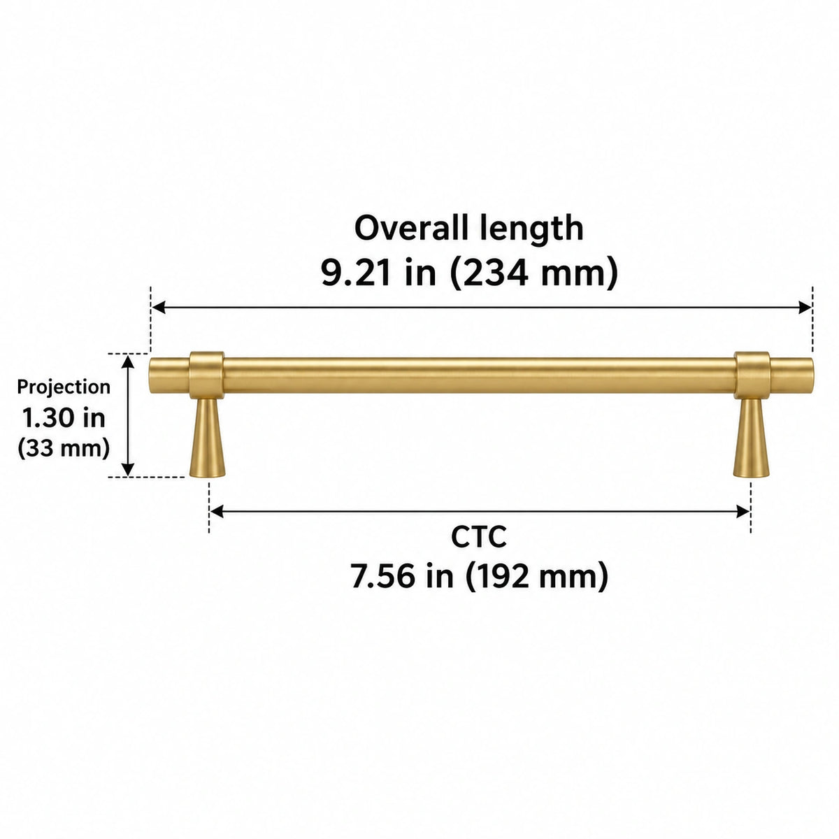 Stepped-Ring Brass Cabinet Pulls & T-Knobs — BB finish; Overall length 9.21 in (234 mm); CTC 7.56 in (192 mm); Projection 1.30 in (33 mm)