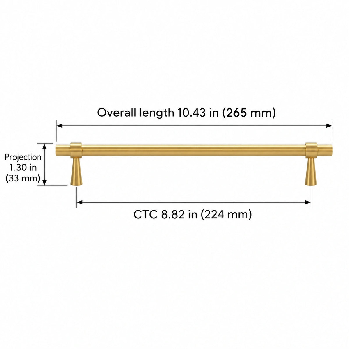 Stepped-Ring Brass Cabinet Pulls & T-Knobs — BB finish; Overall length 10.43 in (265 mm); CTC 8.82 in (224 mm); Projection 1.30 in (33 mm)
