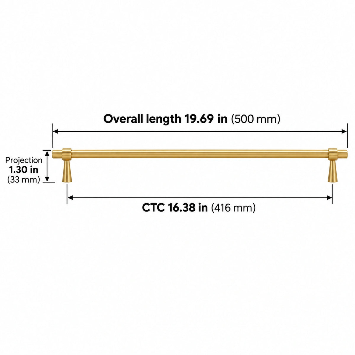 Stepped-Ring Brass Cabinet Pulls & T-Knobs — BB finish; Overall length 19.69 in (500 mm); CTC 16.38 in (416 mm); Projection 1.30 in (33 mm)