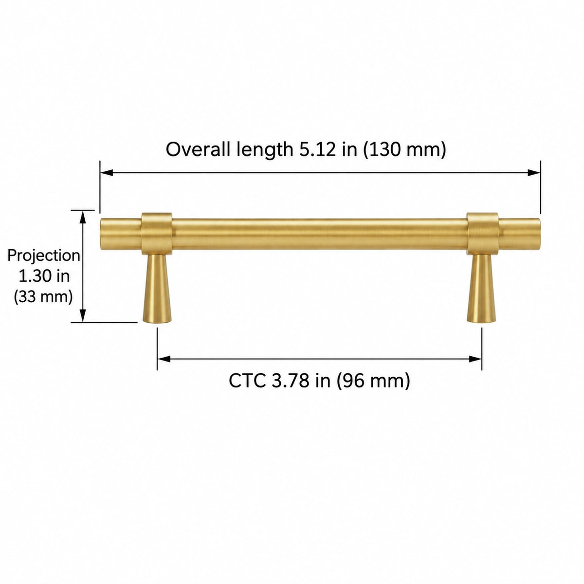 Stepped-Ring Brass Cabinet Pulls & T-Knobs — BB finish; Overall length 5.12 in (130 mm); CTC 3.78 in (96 mm); Projection 1.30 in (33 mm)