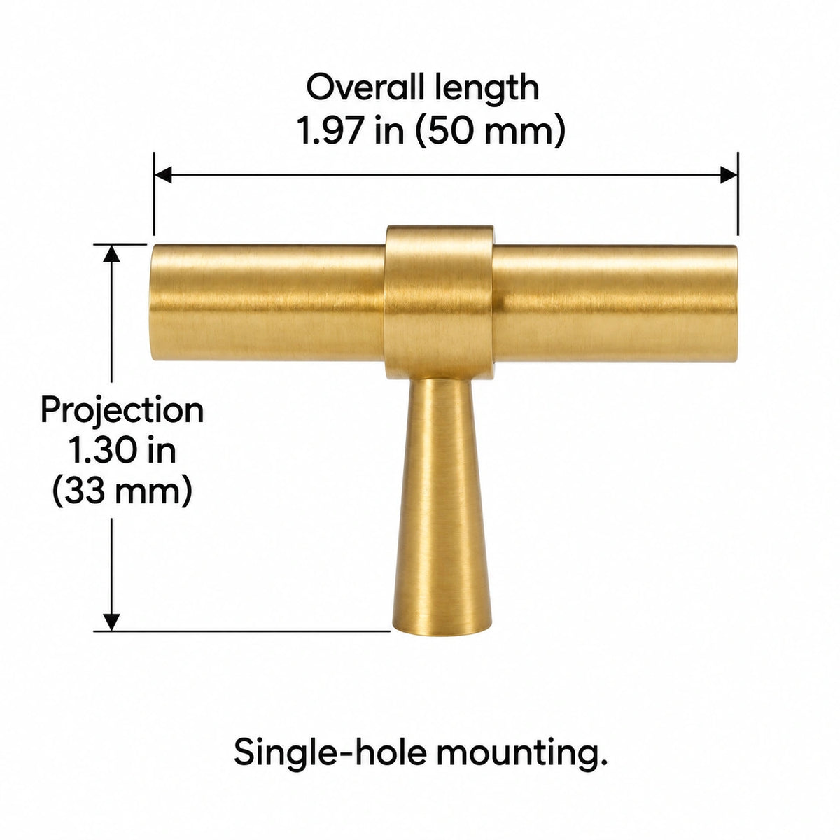Stepped-Ring Brass Cabinet Pulls & T-Knobs — BB finish; Overall length 1.97 in (50 mm); Projection 1.30 in (33 mm); Single-hole mounting