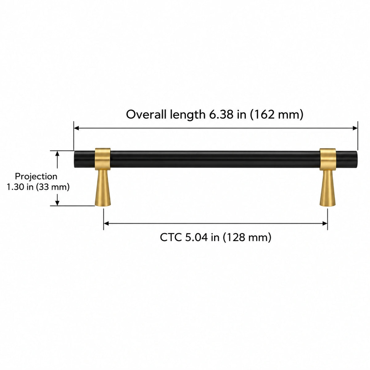 Stepped-Ring Brass Cabinet Pulls & T-Knobs — BLB finish; Overall length 6.38 in (162 mm); CTC 5.04 in (128 mm); Projection 1.30 in (33 mm)