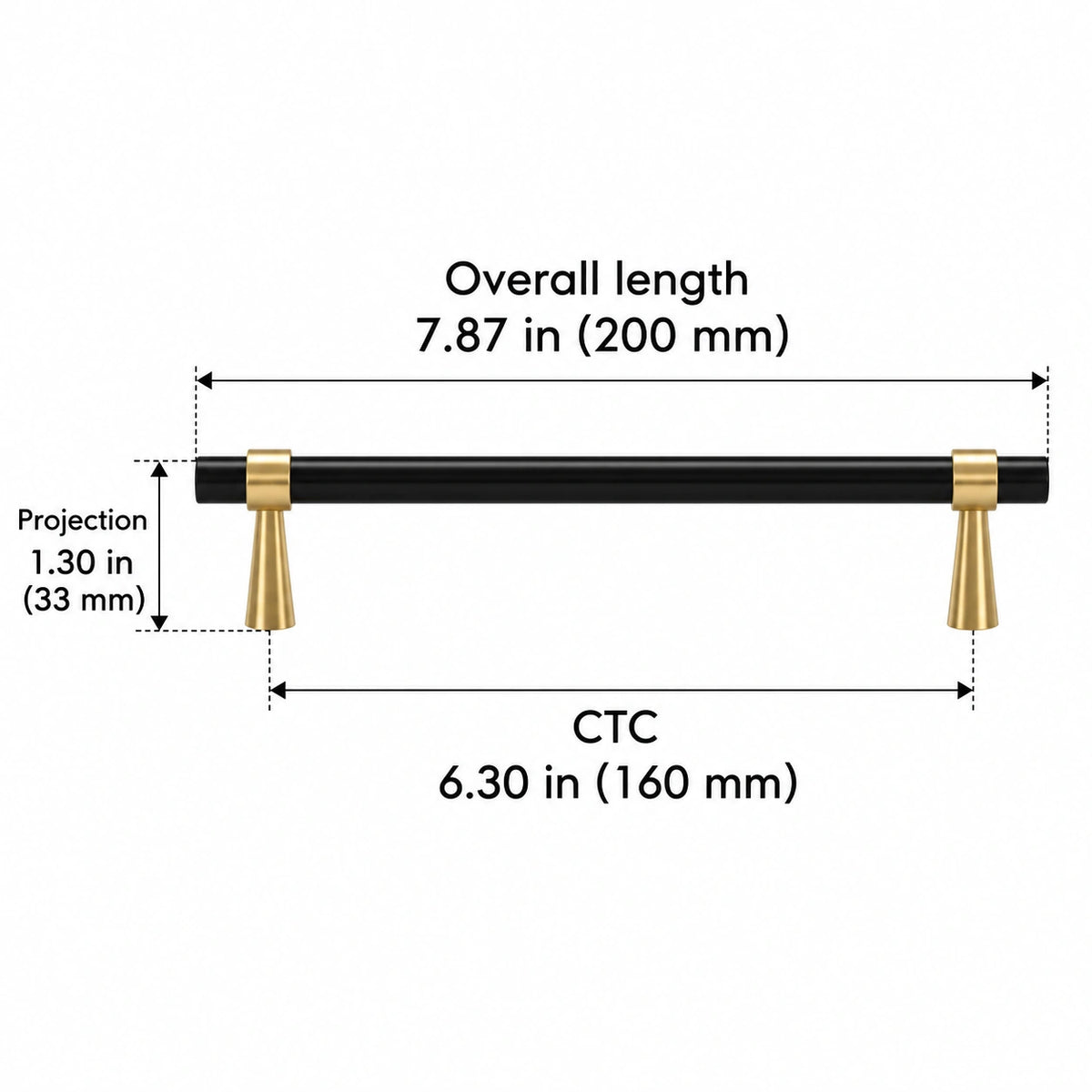 Stepped-Ring Brass Cabinet Pulls & T-Knobs — BLB finish; Overall length 7.87 in (200 mm); CTC 6.30 in (160 mm); Projection 1.30 in (33 mm)