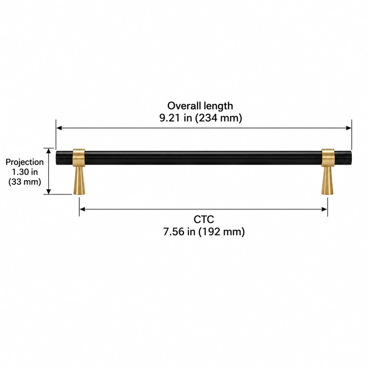 Stepped-Ring Brass Cabinet Pulls & T-Knobs — BLB finish; Overall length 9.21 in (234 mm); CTC 7.56 in (192 mm); Projection 1.30 in (33 mm)