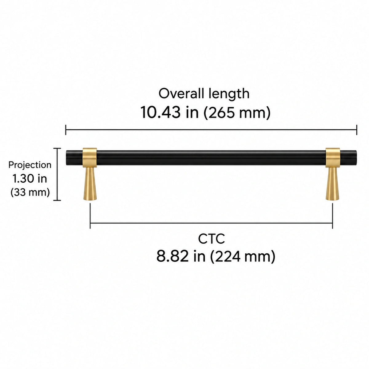 Stepped-Ring Brass Cabinet Pulls & T-Knobs — BLB finish; Overall length 10.43 in (265 mm); CTC 8.82 in (224 mm); Projection 1.30 in (33 mm)