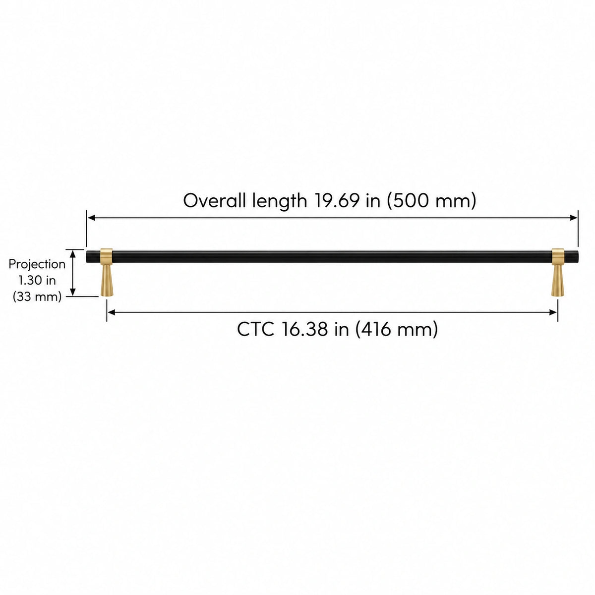 Stepped-Ring Brass Cabinet Pulls & T-Knobs — BLB finish; Overall length 19.69 in (500 mm); CTC 16.38 in (416 mm); Projection 1.30 in (33 mm)