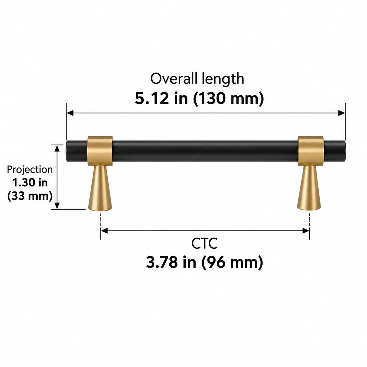 Stepped-Ring Brass Cabinet Pulls & T-Knobs — BLB finish; Overall length 5.12 in (130 mm); CTC 3.78 in (96 mm); Projection 1.30 in (33 mm)