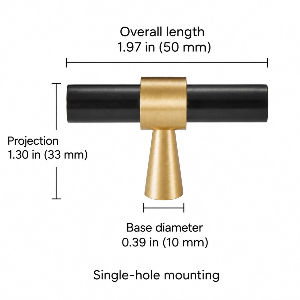 Stepped-Ring Brass Cabinet Pulls & T-Knobs — BLB finish; Overall length 1.97 in (50 mm); Projection 1.30 in (33 mm); Single-hole mounting; Base diameter 0.39 in (10 mm)