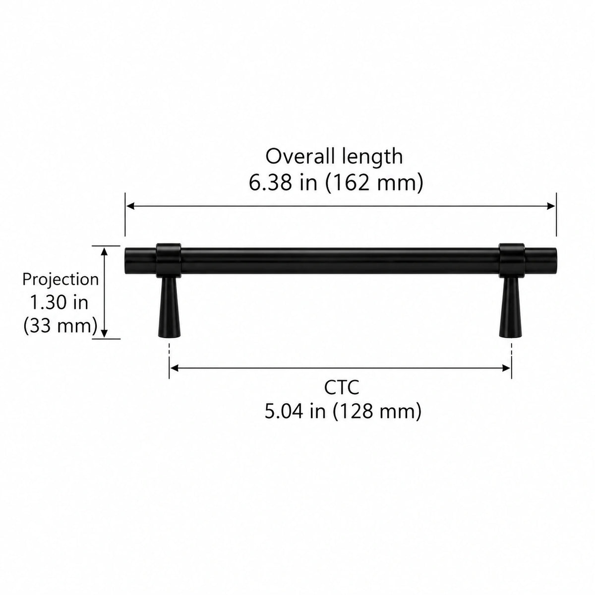 Stepped-Ring Brass Cabinet Pulls & T-Knobs — BLK finish; Overall length 6.38 in (162 mm); CTC 5.04 in (128 mm); Projection 1.30 in (33 mm)